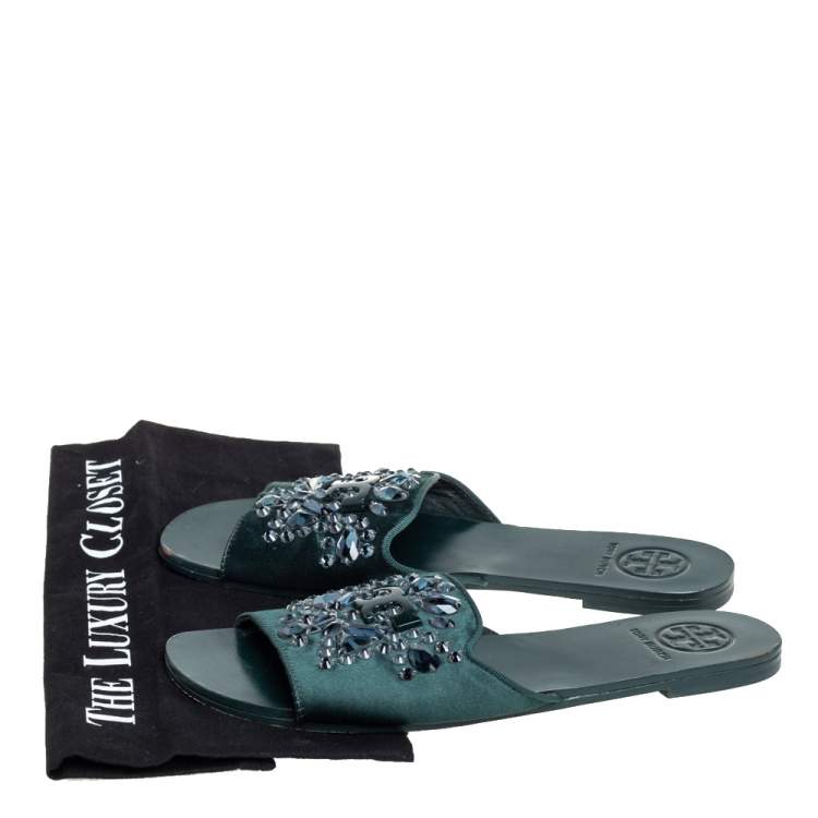 Pre Owned Tory Burch Green Satin Crystal Embellished Slide Sandals Size 37