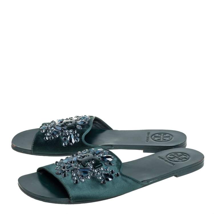 Pre Owned Tory Burch Green Satin Crystal Embellished Slide Sandals Size 37