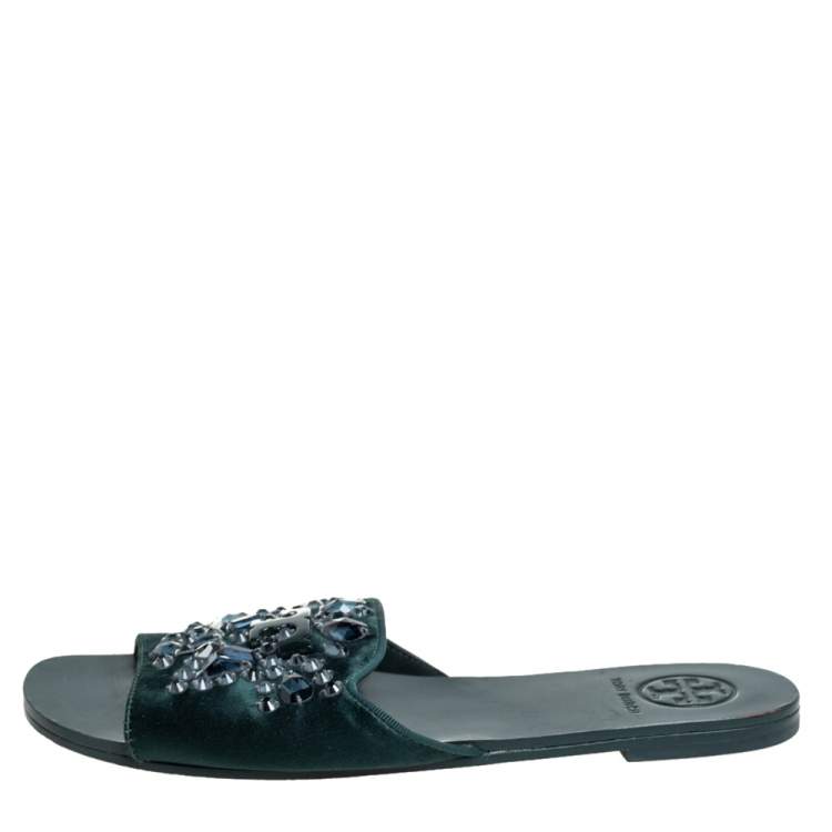 Tory Burch Green Satin Crystal Embellished Slide Sandals Size 37 Tory Burch  | TLC