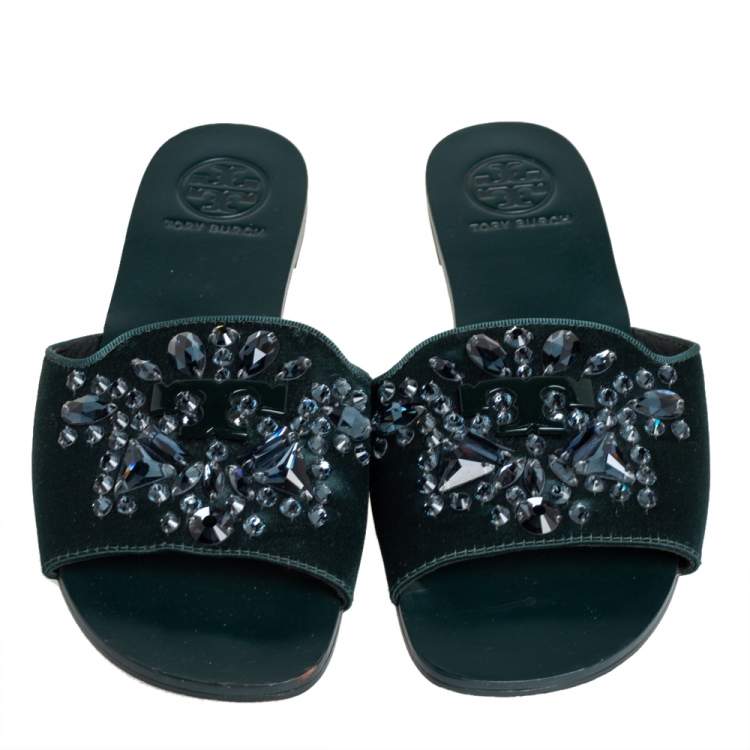 Pre Owned Tory Burch Green Satin Crystal Embellished Slide Sandals Size 37