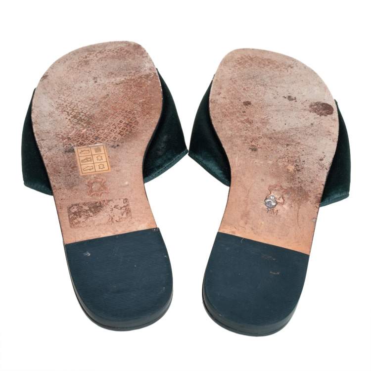 Pre Owned Tory Burch Green Satin Crystal Embellished Slide Sandals Size 37