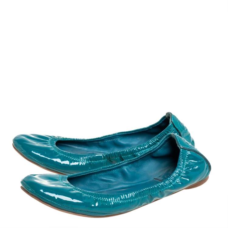 Pre Owned Tory Burch Blue Patent Leather Scrunch Ballet Flats Size 36