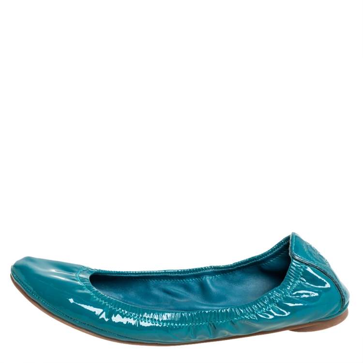 Pre Owned Tory Burch Blue Patent Leather Scrunch Ballet Flats Size 36