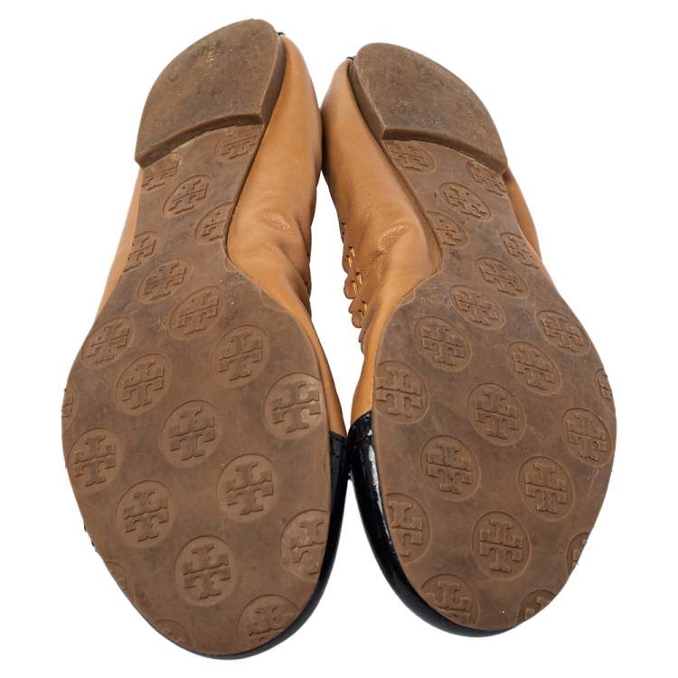 Pre Owned Tory Burch Black/Brown Leather And Patent Cap Toe Scrunch Ballet Flats Size 38