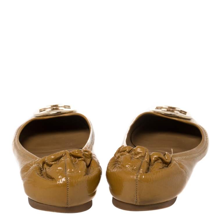 Pre Owned Tory Burch Mustard Yellow Patent Minnie Travel Logo Ballet Flats Size 41