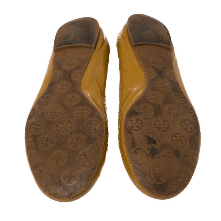Pre Owned Tory Burch Mustard Yellow Patent Minnie Travel Logo Ballet Flats Size 41