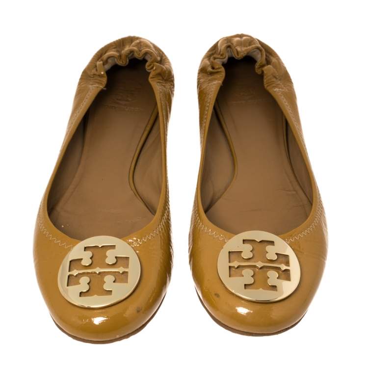 Pre Owned Tory Burch Mustard Yellow Patent Minnie Travel Logo Ballet Flats Size 41
