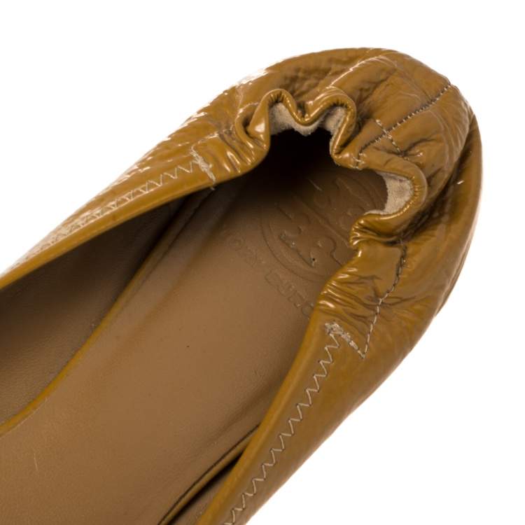 Pre Owned Tory Burch Mustard Yellow Patent Minnie Travel Logo Ballet Flats Size 41
