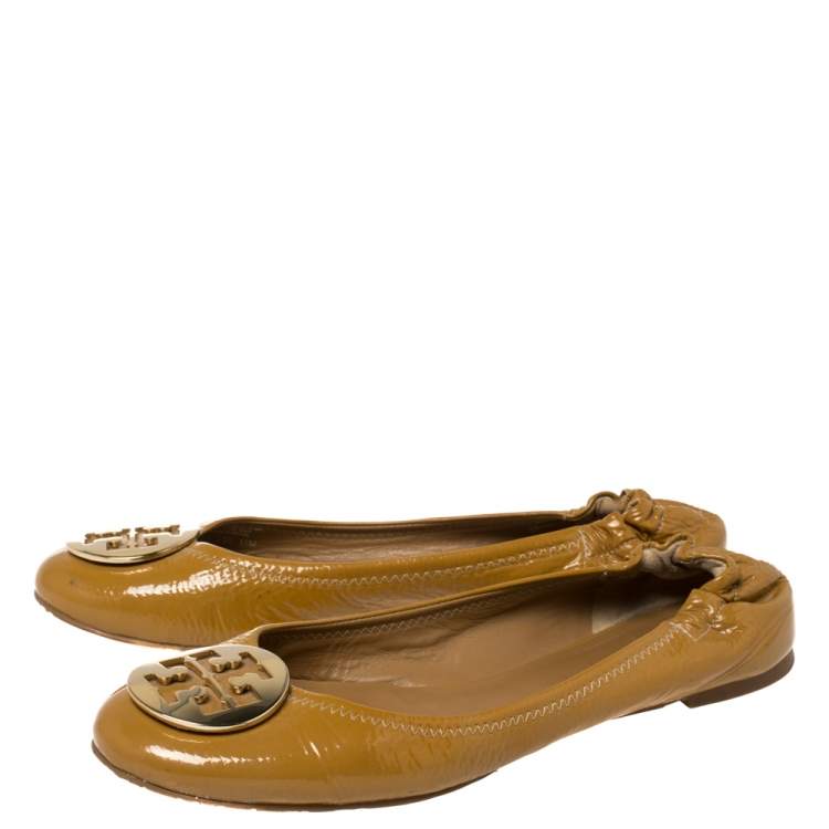 Pre Owned Tory Burch Mustard Yellow Patent Minnie Travel Logo Ballet Flats Size 41