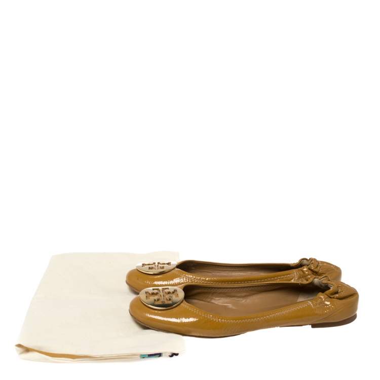 Pre Owned Tory Burch Mustard Yellow Patent Minnie Travel Logo Ballet Flats Size 41