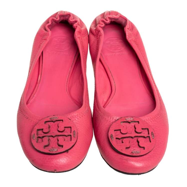 مملوكة مسبقًا Tory Burch Pink Leather Reva Scrunch Ballet Flats Size 38 