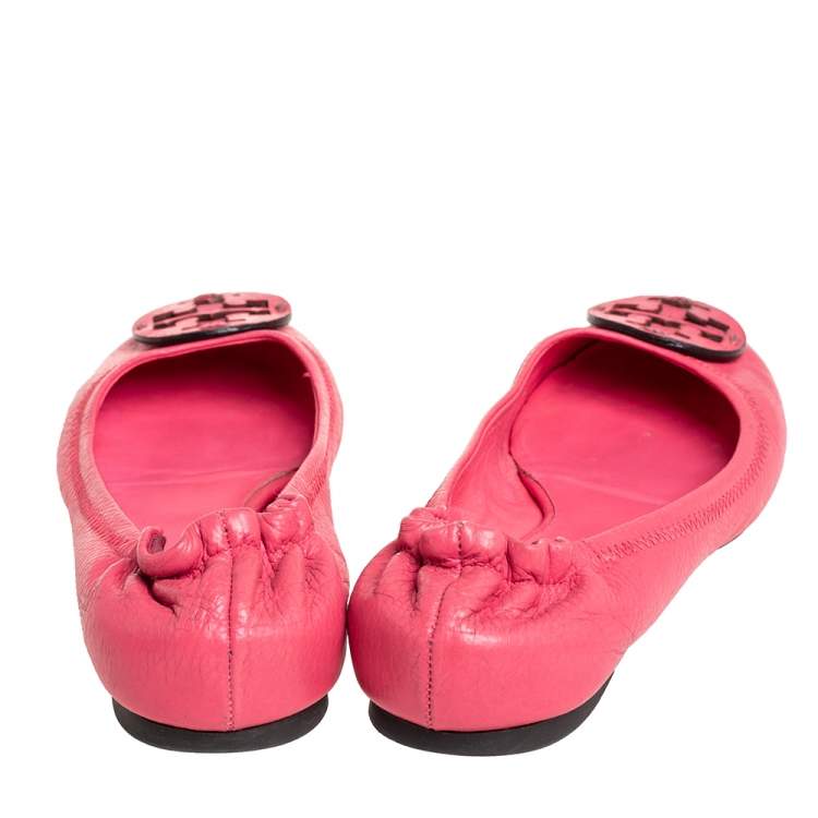 مملوكة مسبقًا Tory Burch Pink Leather Reva Scrunch Ballet Flats Size 38 