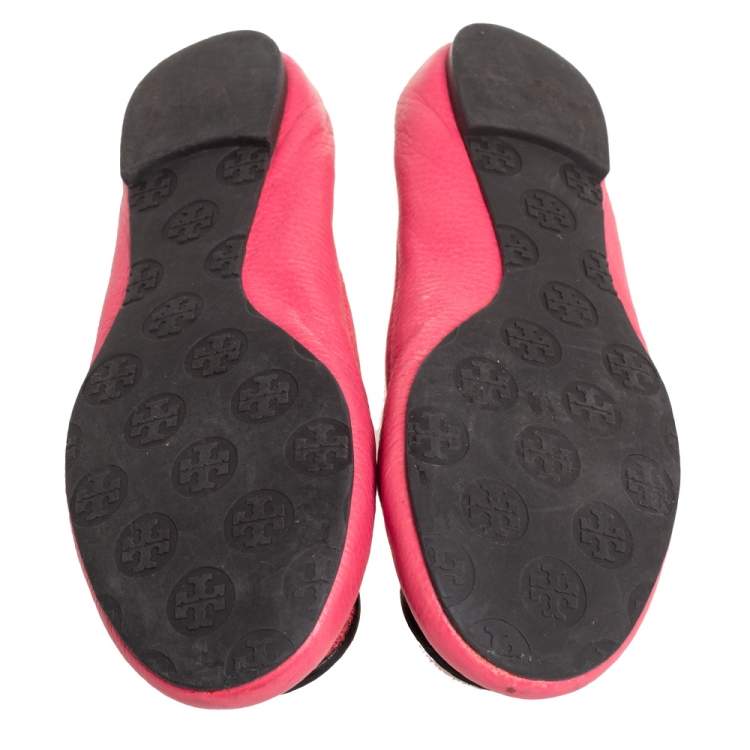 مملوكة مسبقًا Tory Burch Pink Leather Reva Scrunch Ballet Flats Size 38 