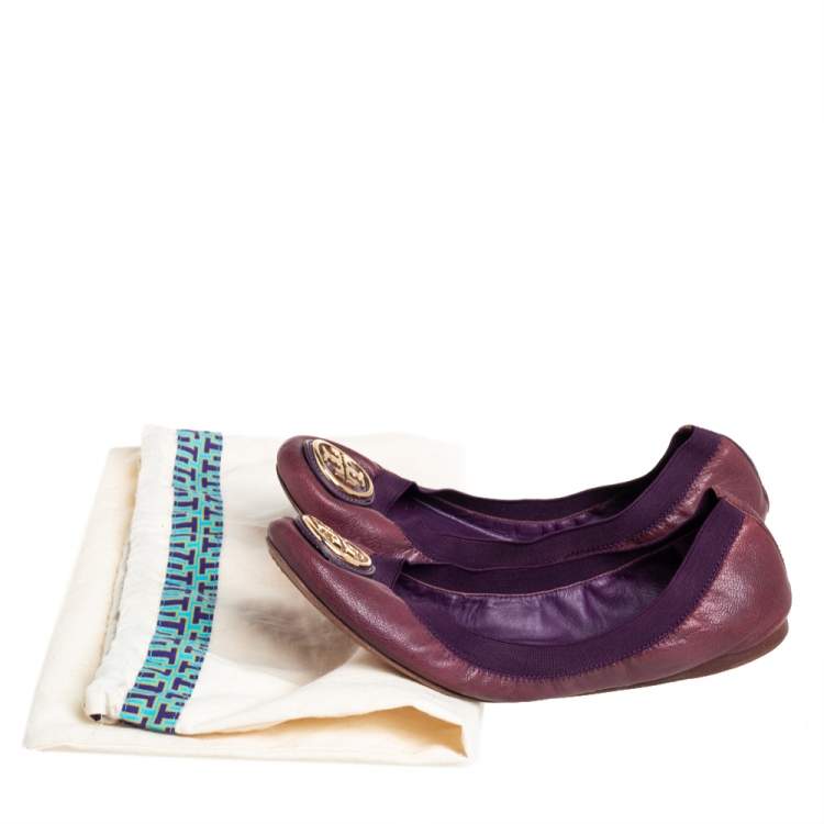 Pre Owned Tory Burch Purple Leather Scrunch  Ballet Flats Size 40