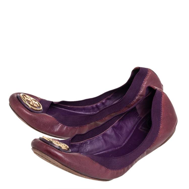 Pre Owned Tory Burch Purple Leather Scrunch  Ballet Flats Size 40