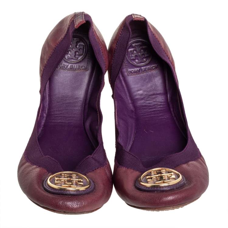Pre Owned Tory Burch Purple Leather Scrunch  Ballet Flats Size 40