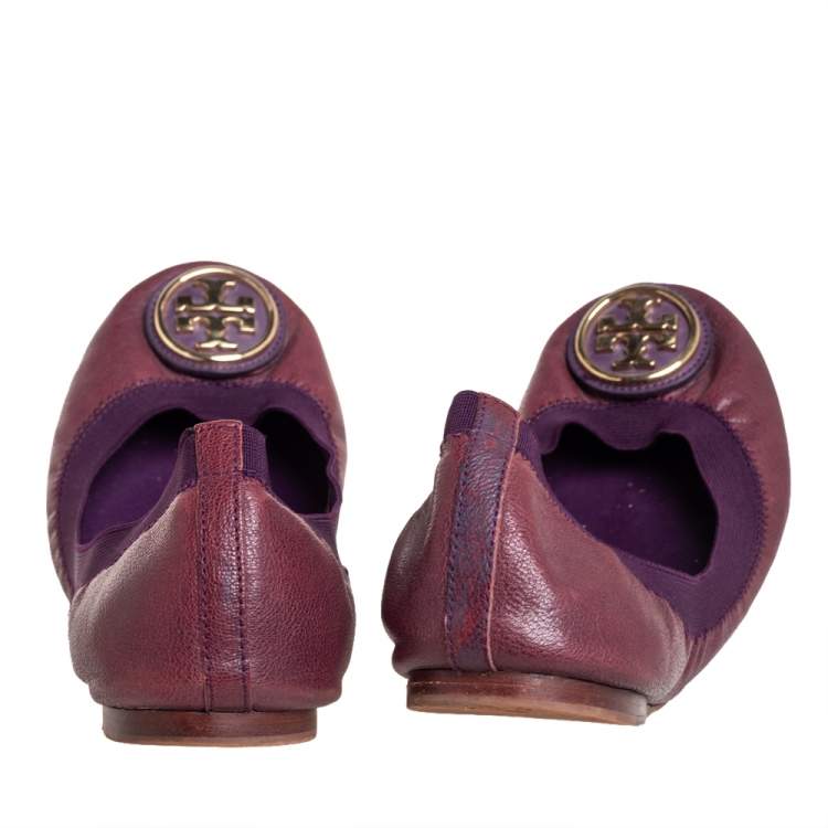 Pre Owned Tory Burch Purple Leather Scrunch  Ballet Flats Size 40