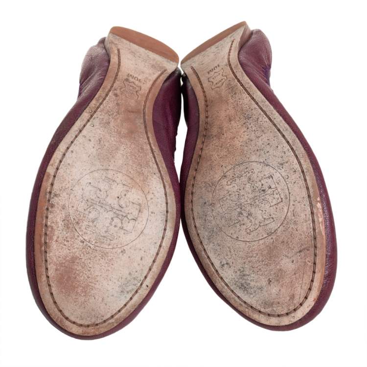 Pre Owned Tory Burch Purple Leather Scrunch  Ballet Flats Size 40