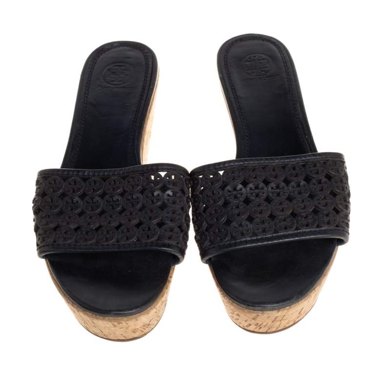 Pre Owned Tory Burch Black Laser Cut Leather Slide Wedge Sandals Size 40.5