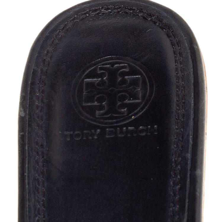 Pre Owned Tory Burch Black Laser Cut Leather Slide Wedge Sandals Size 40.5
