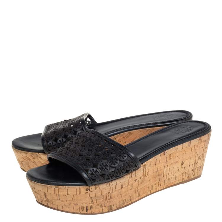 Pre Owned Tory Burch Black Laser Cut Leather Slide Wedge Sandals Size 40.5
