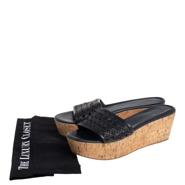 Pre Owned Tory Burch Black Laser Cut Leather Slide Wedge Sandals Size 40.5