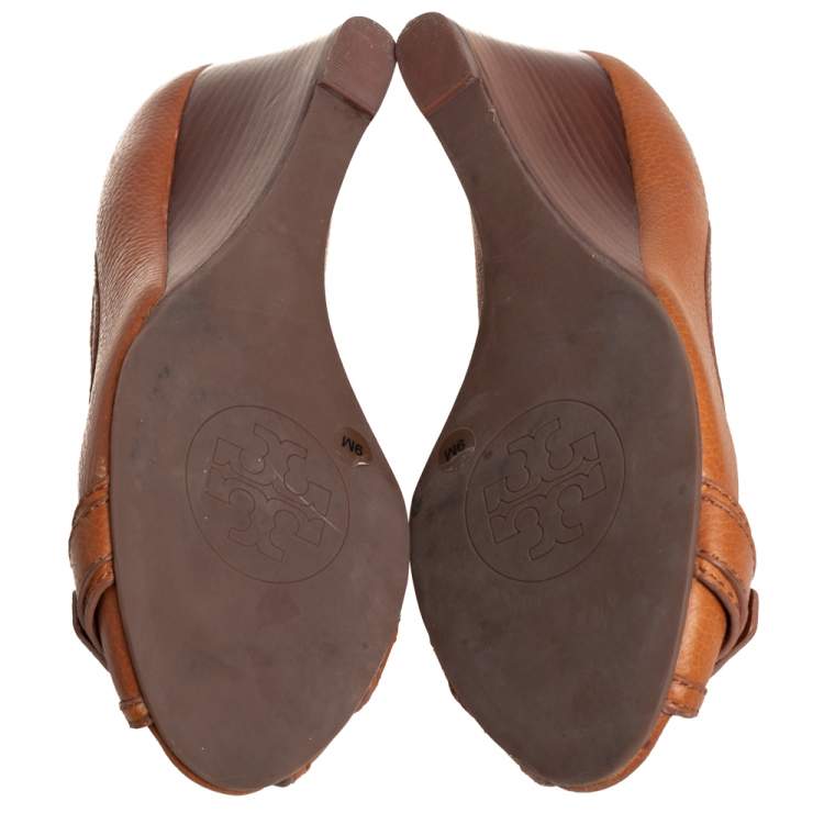 Pre Owned Tory Burch Tan Leather Peep Toe Wedge Pumps Size 39