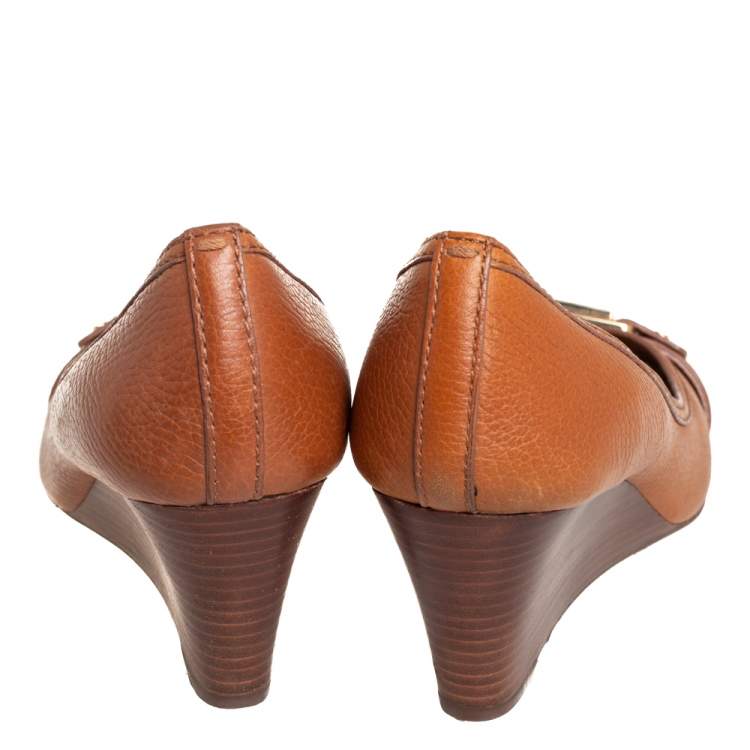 Pre Owned Tory Burch Tan Leather Peep Toe Wedge Pumps Size 39