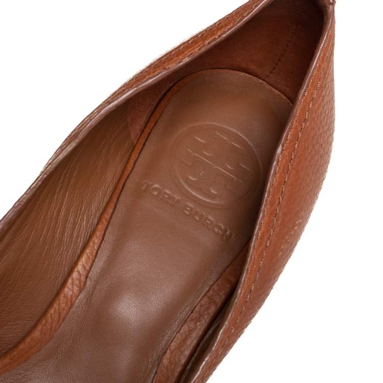 Pre Owned Tory Burch Tan Leather Peep Toe Wedge Pumps Size 39