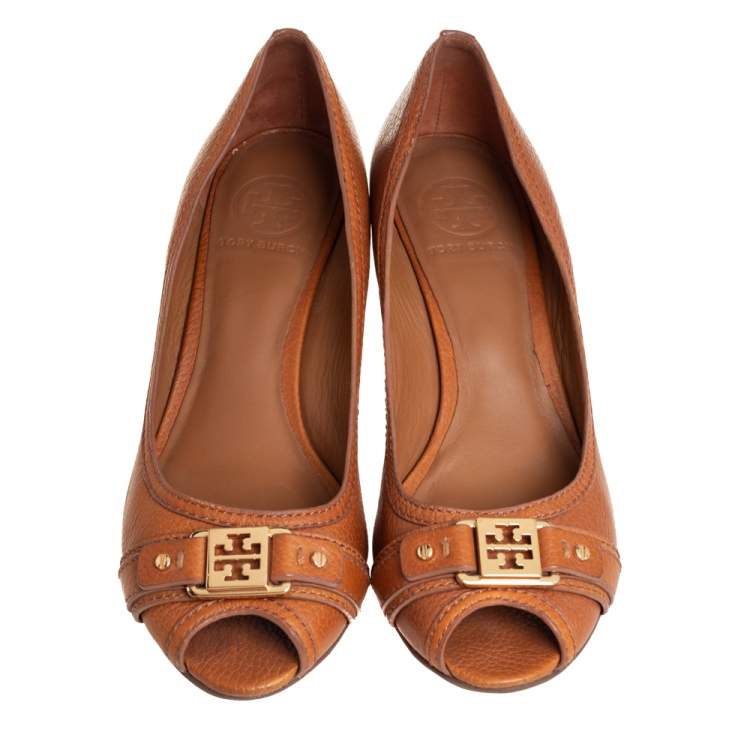 Pre Owned Tory Burch Tan Leather Peep Toe Wedge Pumps Size 39