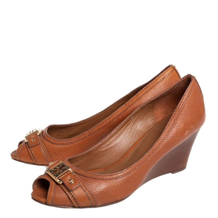 Pre Owned Tory Burch Tan Leather Peep Toe Wedge Pumps Size 39