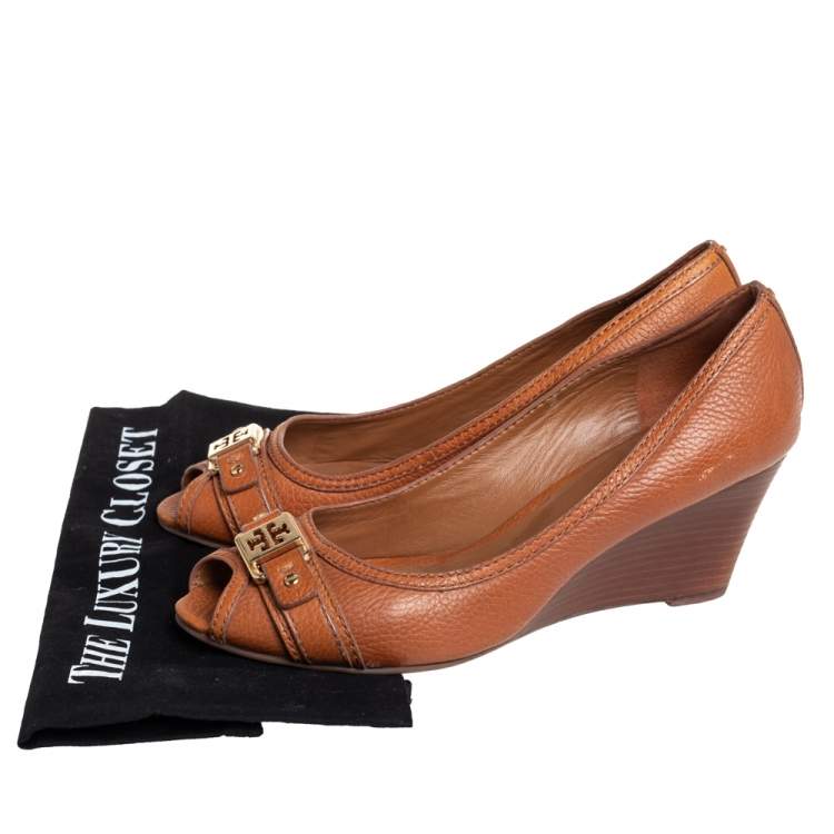 Pre Owned Tory Burch Tan Leather Peep Toe Wedge Pumps Size 39