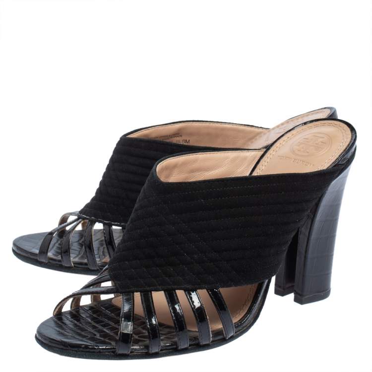 Pre Owned Tory Burch Black Suede And Patent Leather Open Toe Slide Sandals Size 38