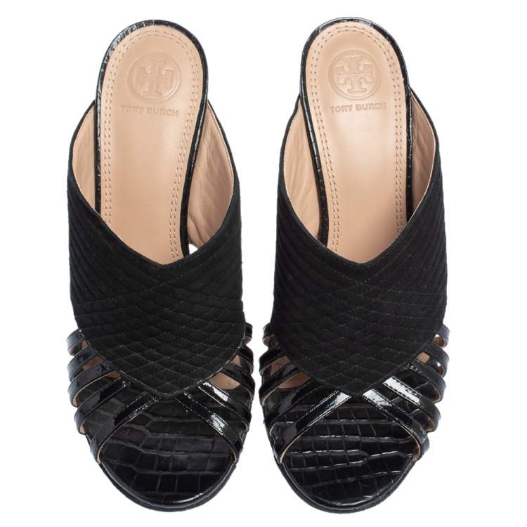 Pre Owned Tory Burch Black Suede And Patent Leather Open Toe Slide Sandals Size 38