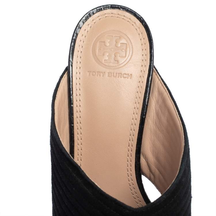 Pre Owned Tory Burch Black Suede And Patent Leather Open Toe Slide Sandals Size 38