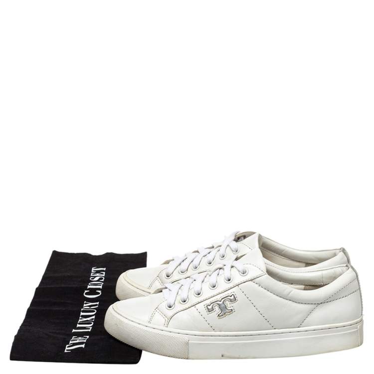 Pre Owned Tory Burch White Leather Chace Low Top Sneakers Size 36