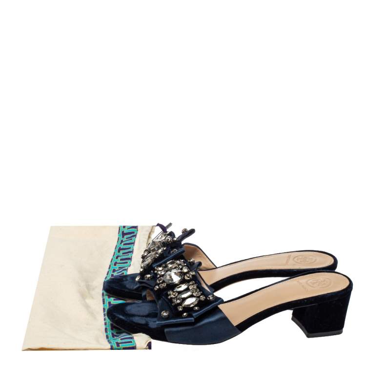 Pre Owned Tory Burch Navy Blue Satin Valentina Bow Slide Sandal Size 37.5