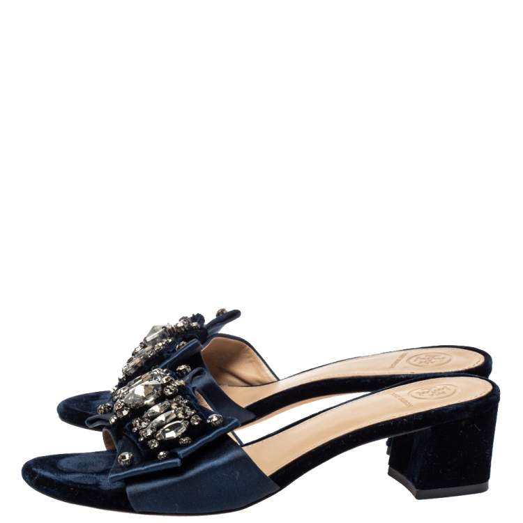 Pre Owned Tory Burch Navy Blue Satin Valentina Bow Slide Sandal Size 37.5