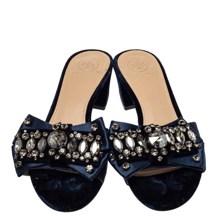 Pre Owned Tory Burch Navy Blue Satin Valentina Bow Slide Sandal Size 37.5