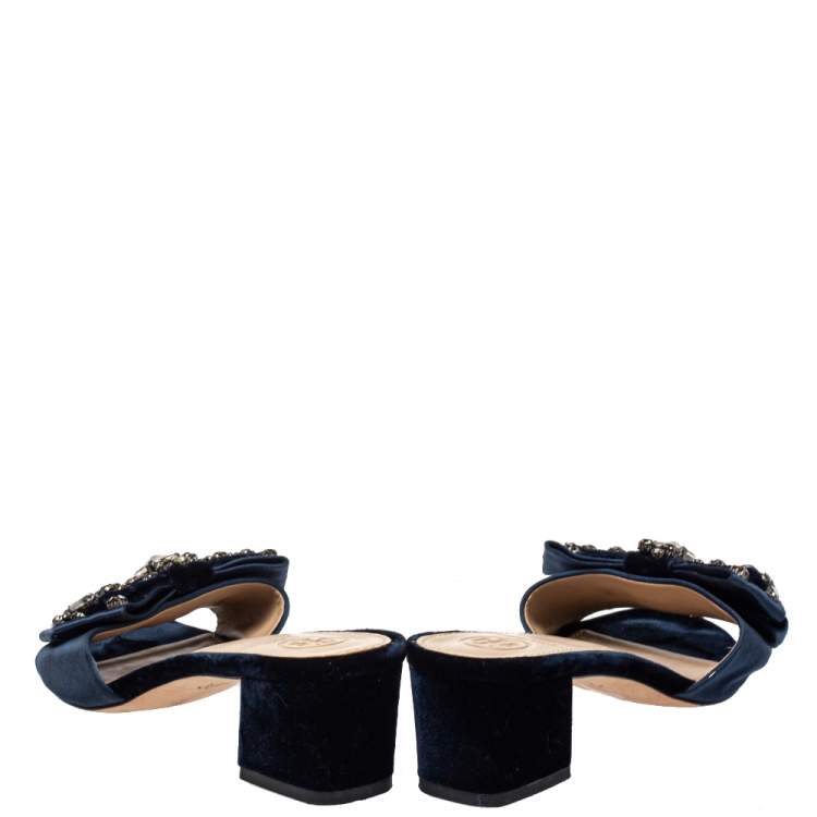 Pre Owned Tory Burch Navy Blue Satin Valentina Bow Slide Sandal Size 37.5