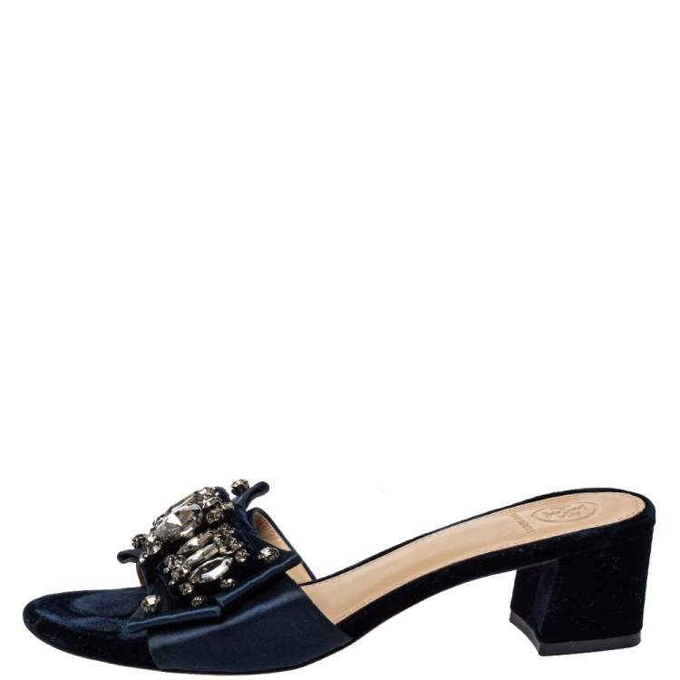 Tory Burch Navy Blue Satin Valentina Bow Slide Sandal Size  Tory Burch  | TLC