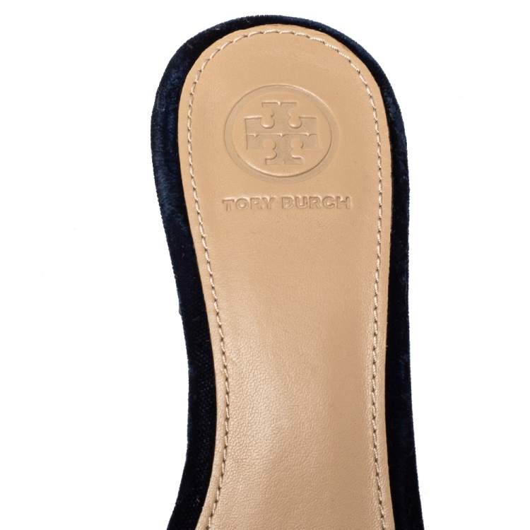 Pre Owned Tory Burch Navy Blue Satin Valentina Bow Slide Sandal Size 37.5