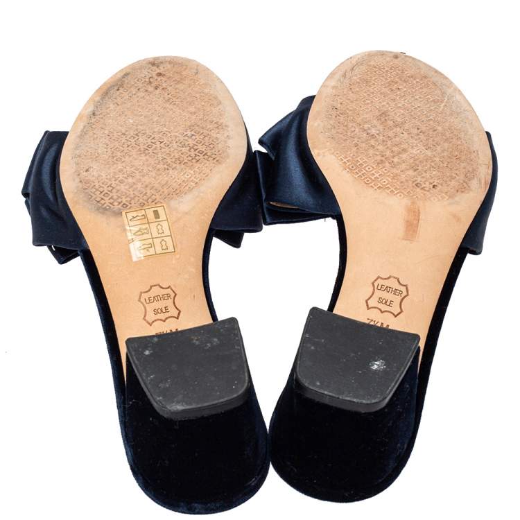 Pre Owned Tory Burch Navy Blue Satin Valentina Bow Slide Sandal Size 37.5