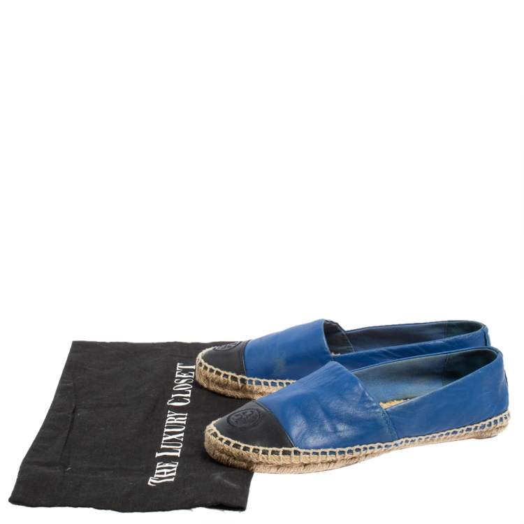 Pre Owned Tory Burch Blue/Black Leather Cap Toe Flat Espadrilles Size 37.5