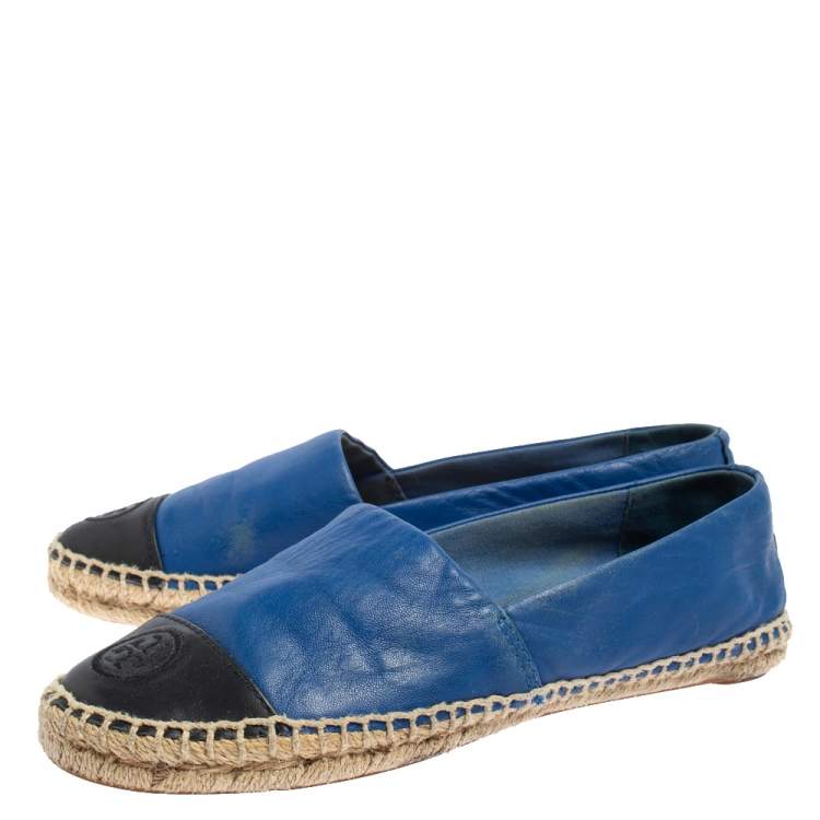 Pre Owned Tory Burch Blue/Black Leather Cap Toe Flat Espadrilles Size 37.5