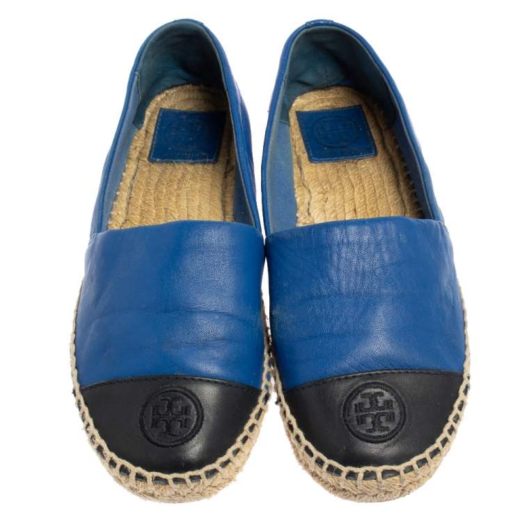 Pre Owned Tory Burch Blue/Black Leather Cap Toe Flat Espadrilles Size 37.5