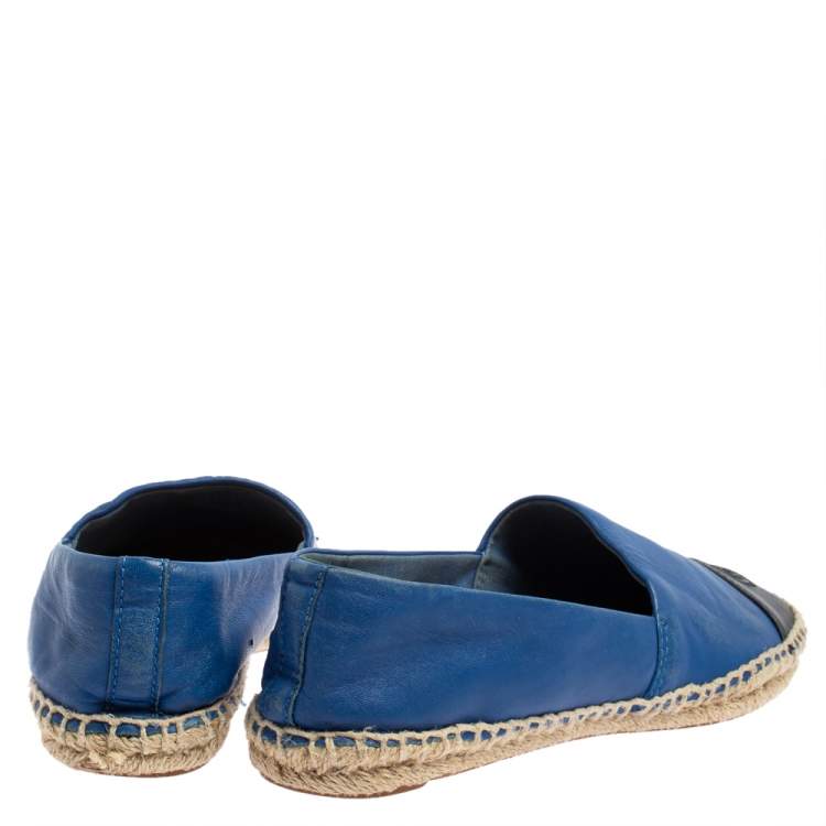 Pre Owned Tory Burch Blue/Black Leather Cap Toe Flat Espadrilles Size 37.5