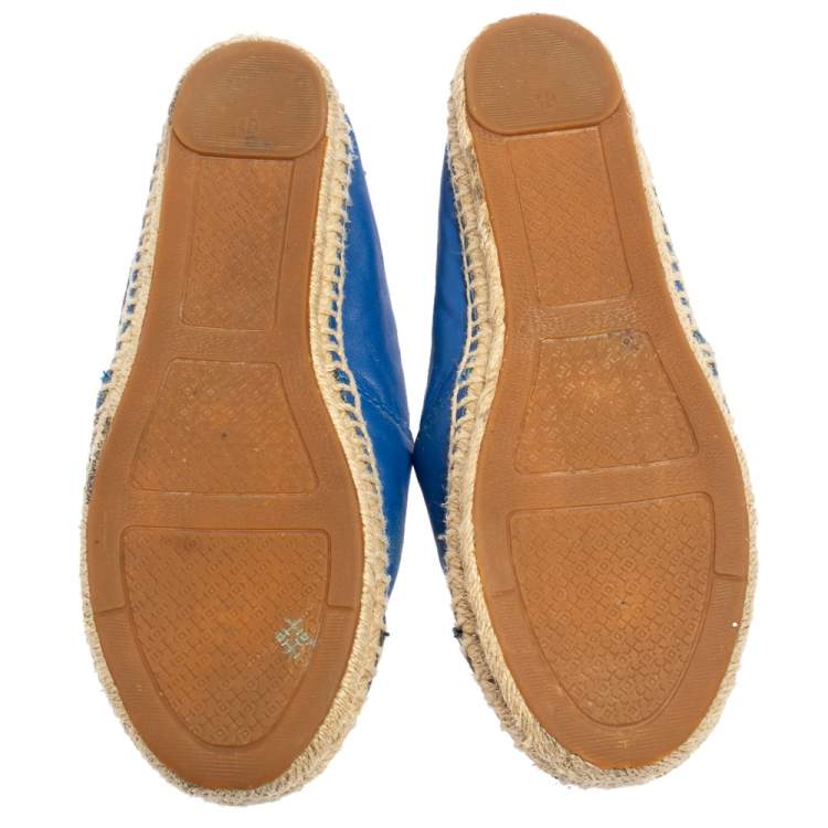 Pre Owned Tory Burch Blue/Black Leather Cap Toe Flat Espadrilles Size 37.5