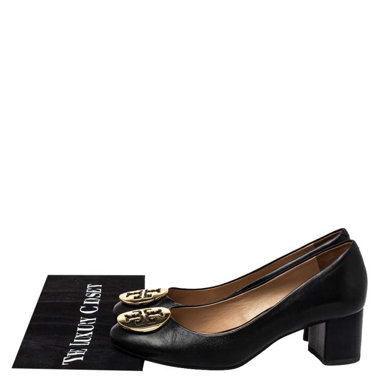 Pre Owned Tory Burch Black Leather Janey Block Heel Pumps Size 36.5