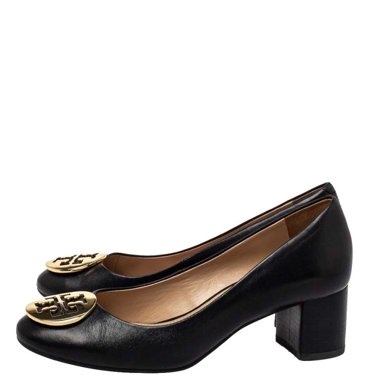 Pre Owned Tory Burch Black Leather Janey Block Heel Pumps Size 36.5